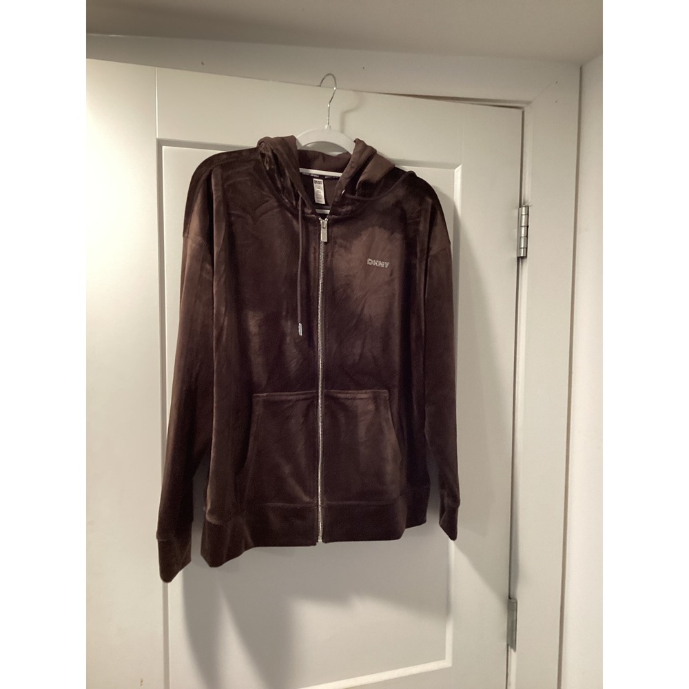 DKNY Sport Womens Velour Full Zip Hoodie Espresso Brown Rhinestone Logo DP5J9233